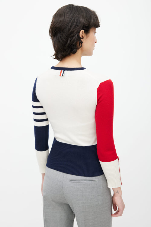 Thom Browne Cream, Navy 
Red Knit Button Sweater