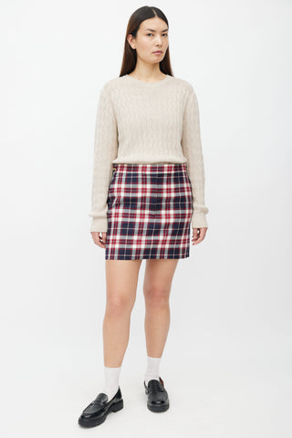 Thom Browne Navy 
Red Plaid Wool Mini Skirt