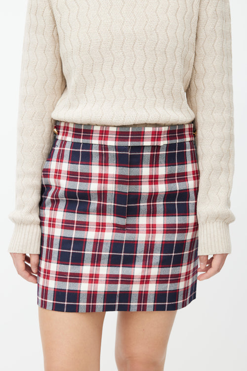 Thom Browne Navy 
Red Plaid Wool Mini Skirt