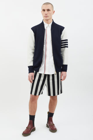 Thom Browne Navy 
White Knit Varsity Jacket