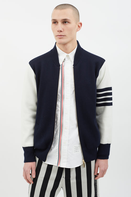 Thom Browne Navy 
White Knit Varsity Jacket