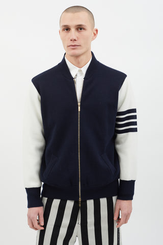 Thom Browne Navy 
White Knit Varsity Jacket