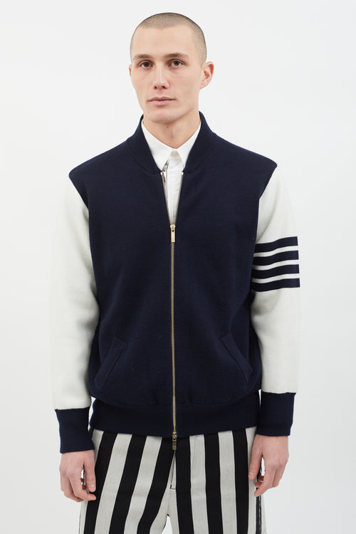 Thom Browne Navy 
White Knit Varsity Jacket