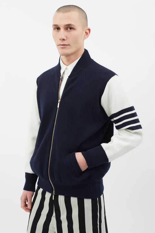 Thom Browne Navy 
White Knit Varsity Jacket