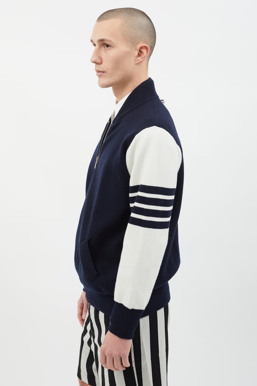 Thom Browne Navy 
White Knit Varsity Jacket