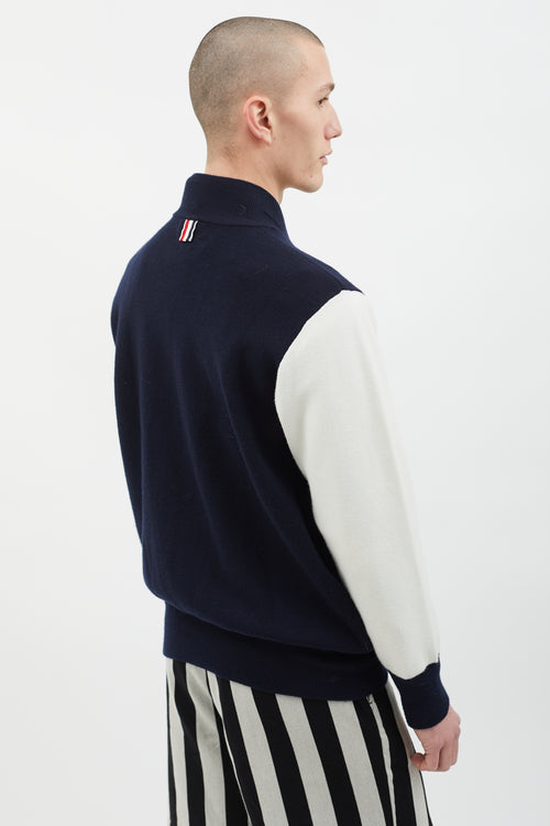 Thom Browne Navy 
White Knit Varsity Jacket