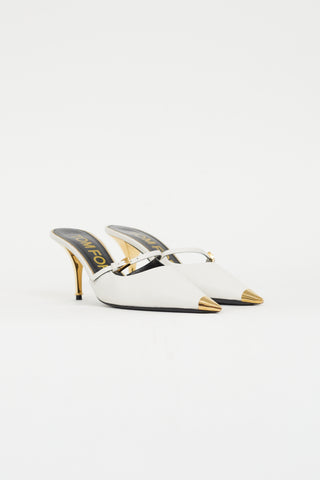 Tom Ford White Leather 
Gold Mary Jane Mule