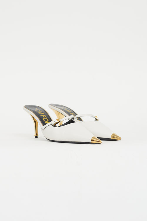 Tom Ford White Leather 
Gold Mary Jane Mule