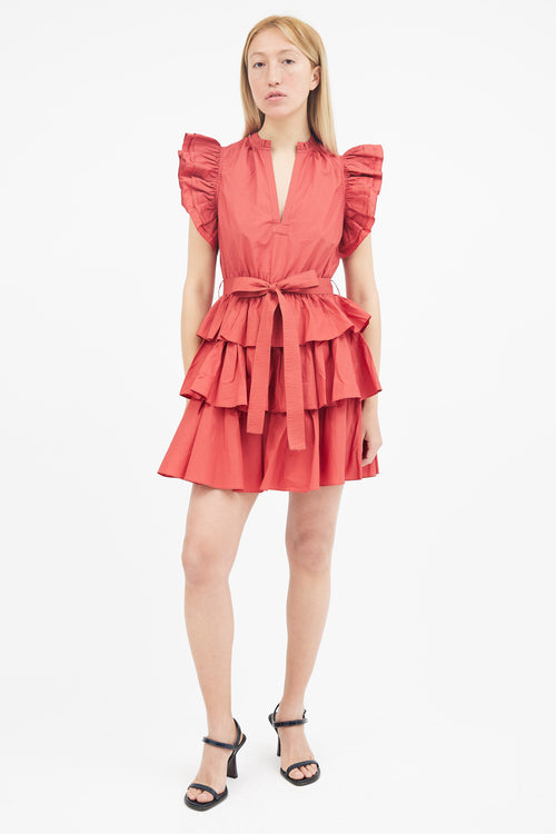 Ulla Johnson Red Honoria Ruffle Belted Dress