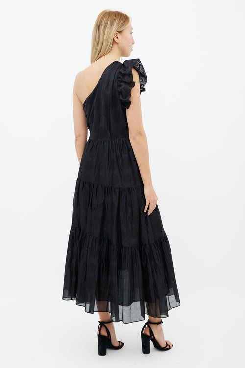 Ulla Johnson Black One Shoulder Gathered Ruffle Maxi Dress