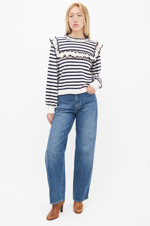 Ulla Johnson Navy 
White Stripe Ruffle Sweater