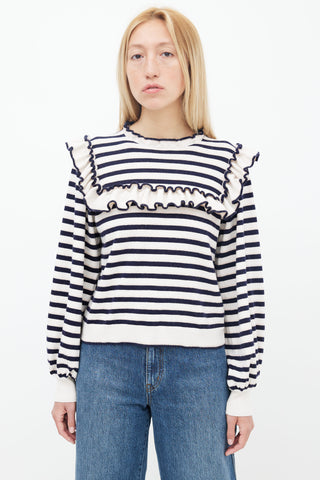 Ulla Johnson Navy 
White Stripe Ruffle Sweater