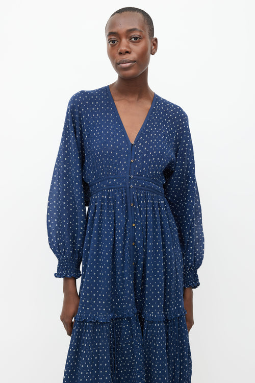 Ulla Johnson Navy 
Cream Printed Floral Midi Dress