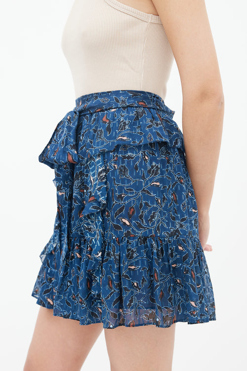 Ulla Johnson Navy 
Multi Print Ruffle Belted Skirt