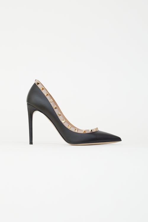 Valentino Black Leather Rockstud 100 Beige Trim Pump