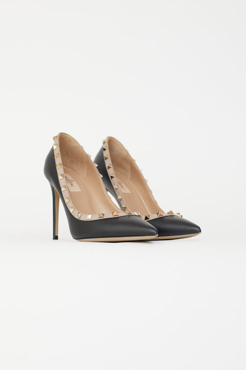 Valentino Black Leather Rockstud 100 Beige Trim Pump