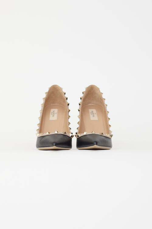 Valentino Black Leather Rockstud 100 Beige Trim Pump