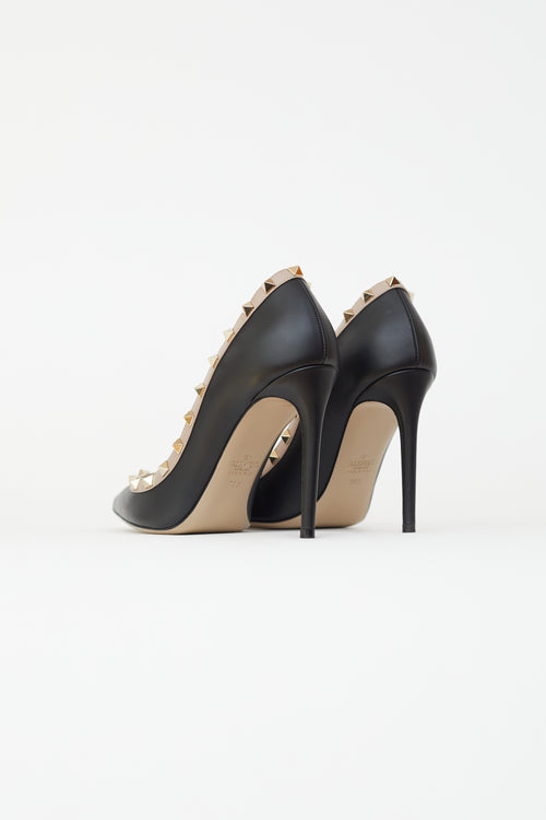 Valentino Black Leather Rockstud 100 Beige Trim Pump