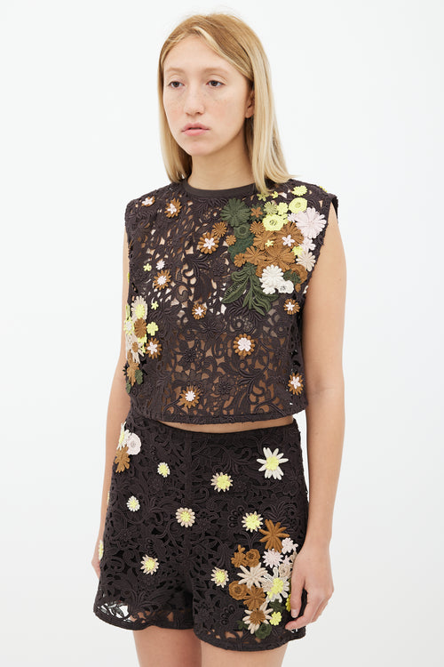 Valentino Brown Multi Floral Lace Co-Ord Set