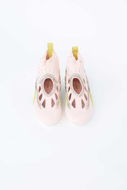 Valentino Light Pink Embellished Cutout Sock Sneaker