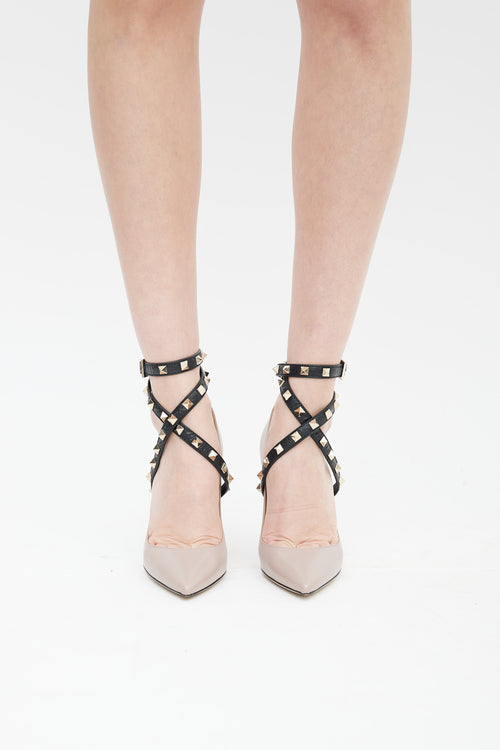 Valentino Taupe 
Black Leather Rockstud Wrap Pump