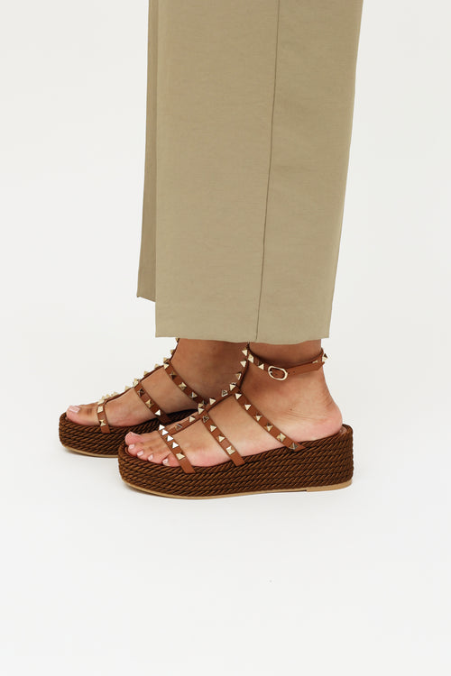 Valentino Brown Rockstud Espadrille Sandal