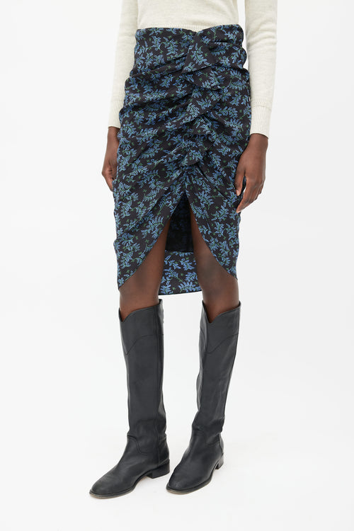 Veronica Beard Black 
Blue Floral Ruched Skirt