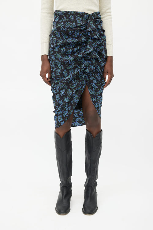 Veronica Beard Black 
Blue Floral Ruched Skirt