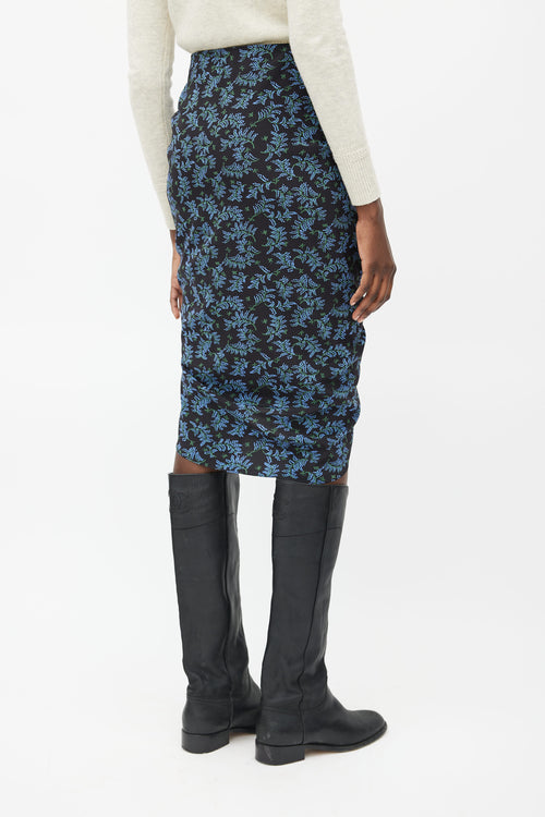 Veronica Beard Black 
Blue Floral Ruched Skirt