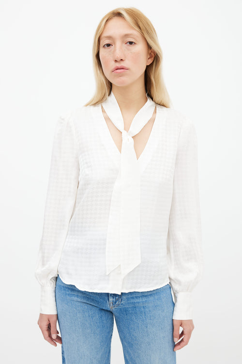 Veronica Beard Cream Nicky Houndstooth Tie Neck Silk Blouse