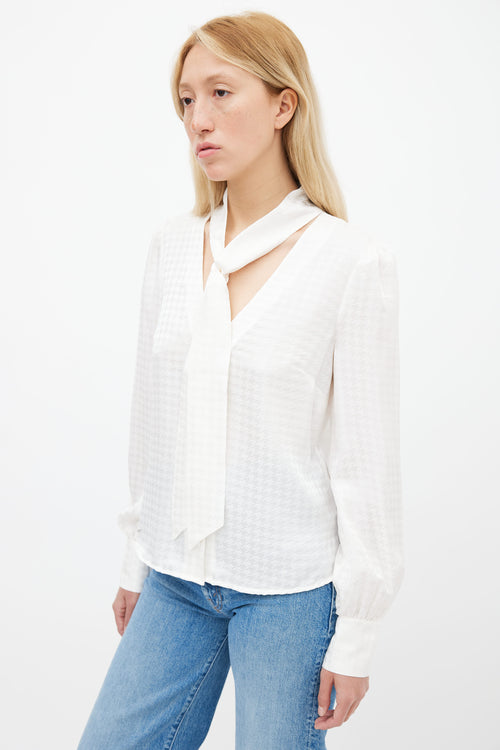 Veronica Beard Cream Nicky Houndstooth Tie Neck Silk Blouse