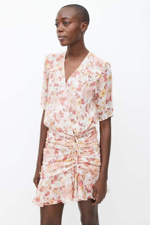 Veronica Beard Cream, Pink 
Yellow Floral Printed Rouched Dress