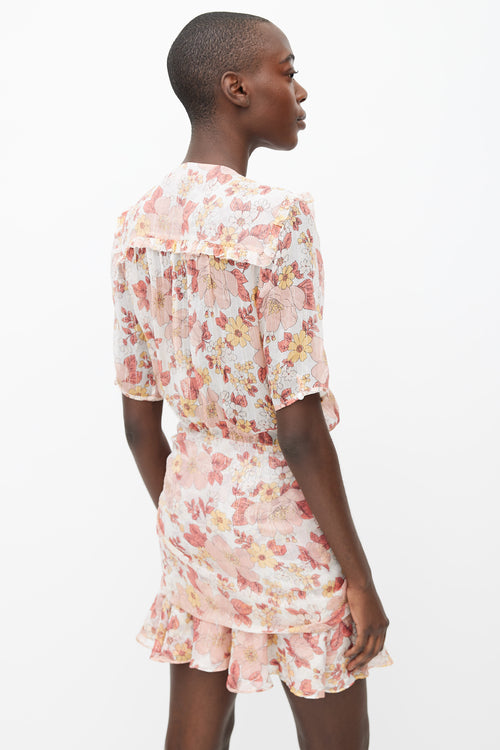 Veronica Beard Cream, Pink 
Yellow Floral Printed Rouched Dress