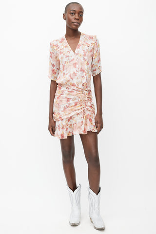 Veronica Beard Cream, Pink 
Yellow Floral Printed Rouched Dress