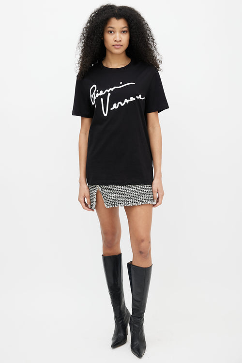 Versace Black 
White Logo Embroidered T-Shirt