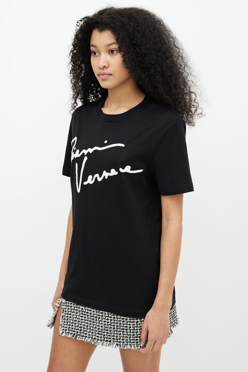 Versace Black 
White Logo Embroidered T-Shirt