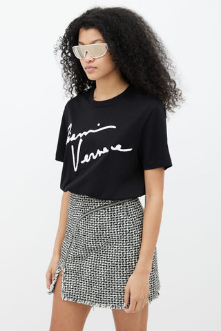 Versace Black 
White Logo Embroidered T-Shirt