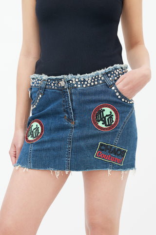 Blue Studded Patch Denim Mini Skirt