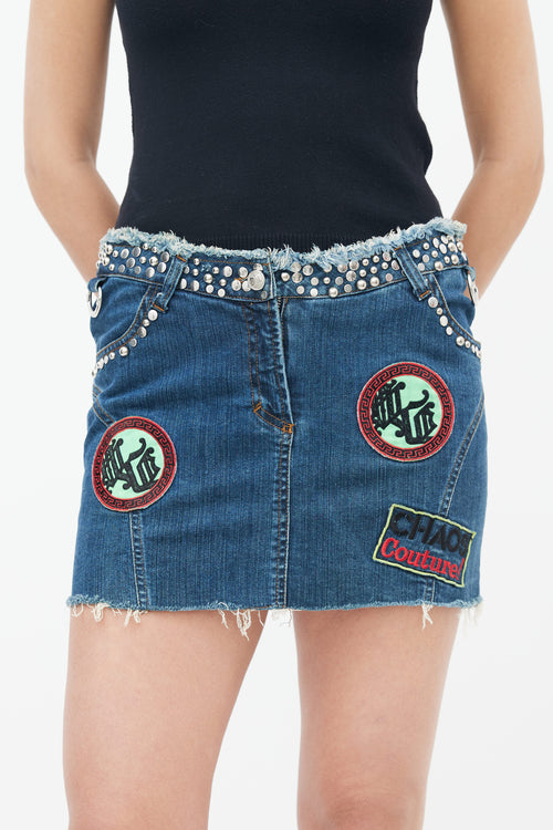 Blue Studded Patch Denim Mini Skirt