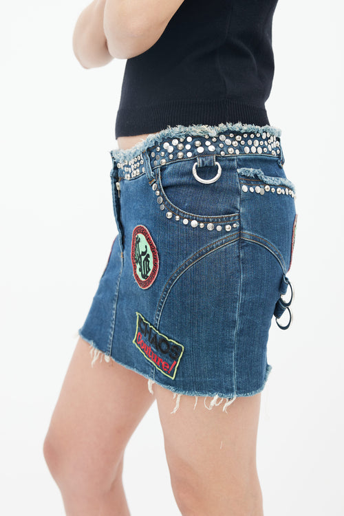 Blue Studded Patch Denim Mini Skirt