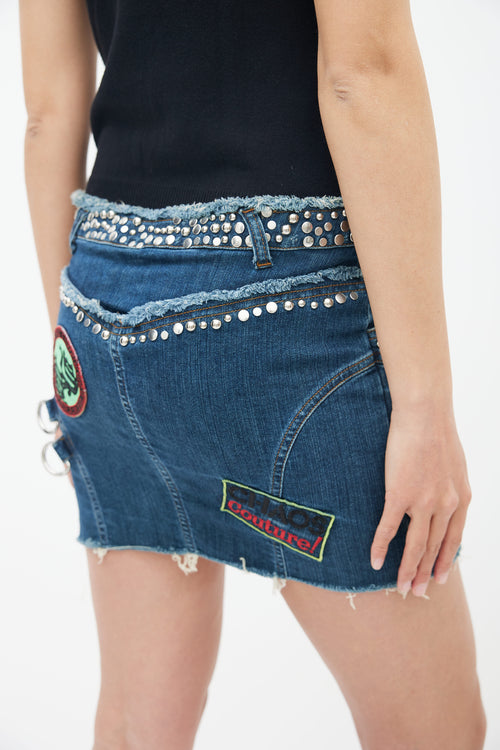 Blue Studded Patch Denim Mini Skirt