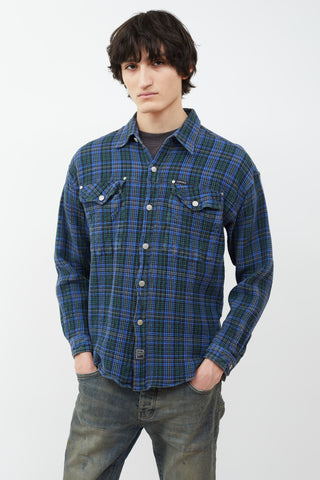 Versace Blue 
Green Plaid Waffle Shirt