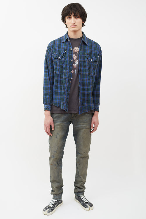 Versace Blue 
Green Plaid Waffle Shirt