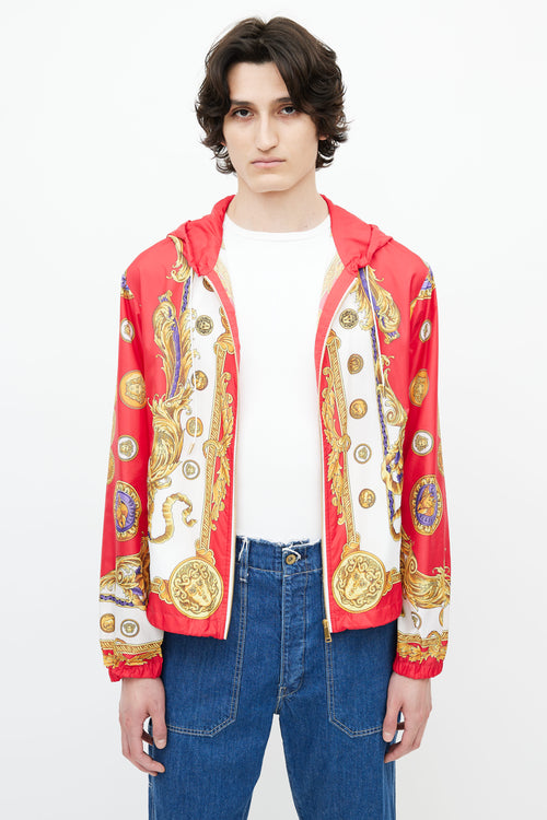 Versace Red 
Gold Nylon Abstract Print Jacket