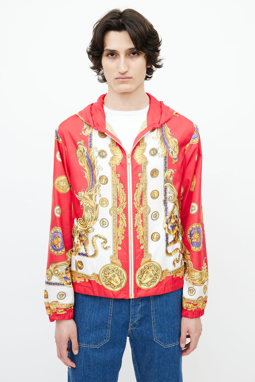 Versace Red 
Gold Nylon Abstract Print Jacket