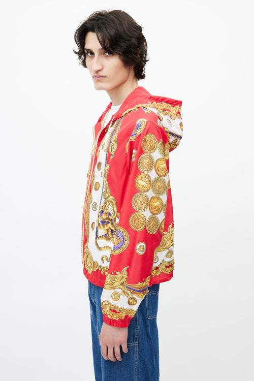 Versace Red 
Gold Nylon Abstract Print Jacket