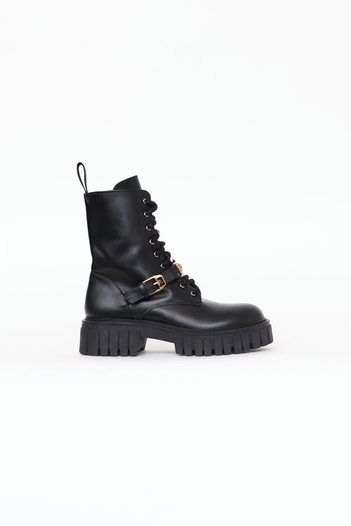 Versace Black Leather Medusa Combat Boots