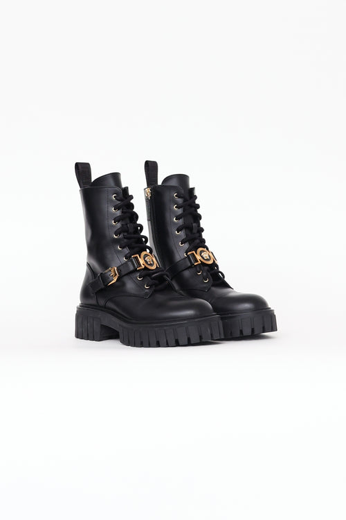 Versace Black Leather Medusa Combat Boots