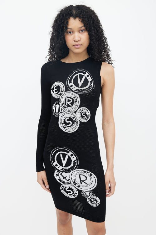 Versus Black 
White Logo One Shoulder Dress