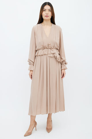 Victoria Beckham Taupe Silk Pleated 
Ruffle Trim Dress